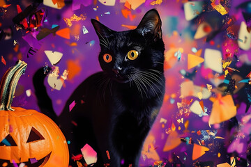 Poster - Halloween photo collage, cutouts, bold colors, black cat, pumpkin, confetti, glitches, purple, chaotic, trendy glitter curtain