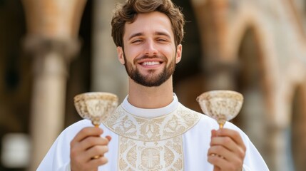 Poster - A man in a priestly outfit holding two goblets, AI