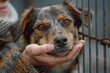 © Anastasia - Volunteer petting a homeless dog. Abandoned hungry dog in an alleyway. Stray dog on the road! Stray homeless dog resting on its paws, wet stray dog. Stray homeless dog in animal shelter