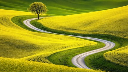 Poster - A winding road through a lush green field with trees, AI