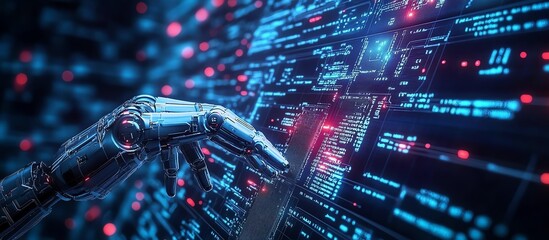 A futuristic robotic hand interacts with a digital interface, symbolizing advanced technology and artificial intelligence.