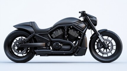 A custom motorcycle with a matte black finish, displayed against a clean white background.