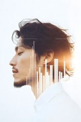 Wall Mural - Portrait of a professional man in a double exposure concept with financial charts and stock market data, investment strategies, economic growth, and business success, isolated on a modern background.