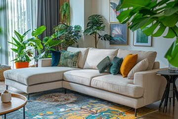 A cozy modular corner sofa in a contemporary living room, with a coffee table and decorative plants around, Scandinavian loft minimalist furniture, modular tufted sofa