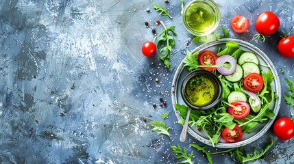 Wall Mural - Fresh Summer Salad, Vibrant and Healthy with Argula, Tomatoes, and Cucumber on Rustic Background.