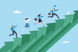 © Nuthawut - Sustainable growth, long term success or growing business with winning strategy, improvement or steps to team success, productivity concept, business people employee step up sustained growth arrow.