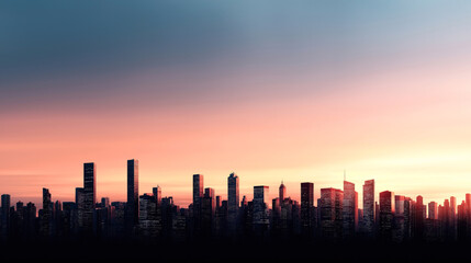 Wall Mural - A city skyline at sunset with a gradient of warm colors in the sky. The skyscrapers are silhouetted against the vivid backdrop, creating a dramatic urban scene.