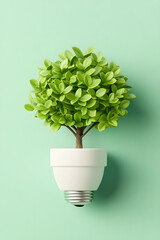 eco-friendly minimal design of a plant in a light bulb form, set against a solid green background, s
