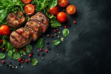 Grilled beef steak with fresh salad and tomatoes on black stone background - Generative AI