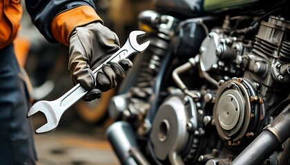 Wall Mural - skilled mechanic repairing motorcycle engine with wrench in hands