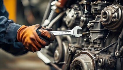 Wall Mural - skilled mechanic repairing motorcycle engine with wrench in hands