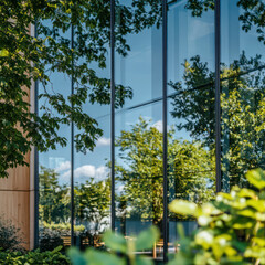 Wall Mural - A closeup of green glass windows on an office building