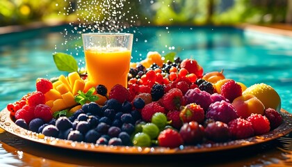 Sunlit poolside display of exotic fruits and berries accompanied by a refreshing glass of freshly squeezed juice adorned with condensation droplets