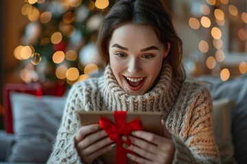 young woman excitedly browsing and purchasing Christmas gifts online from the comfort of her cozy home.