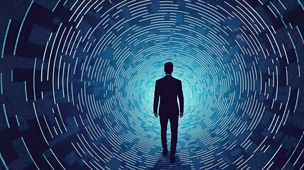 Wall Mural - Businessman looking at the exit of a dark corridor with glowing light