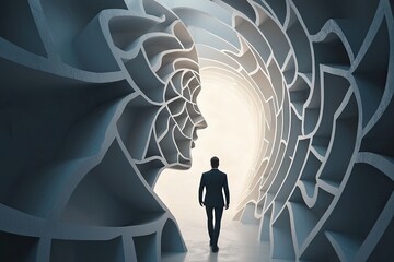 Wall Mural - Businessman looking at the exit of a dark corridor with glowing light