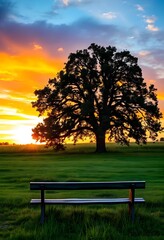 Wall Mural - Solitary tree standing tall in a vast green field, with a vibrant sunset in the background.