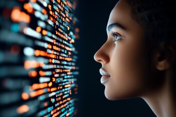 A closeup side profile of a person looking at colorful glowing lines of data or code in a dark environment, depicting technology and digital information flow.