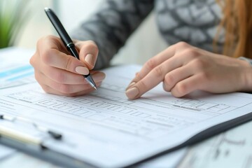 Fototapete - close-up shot of a person sitting at a desk filling out a survey form with a pen. The focus is on the hands of the person as they carefully select options and check boxes on the paper form.