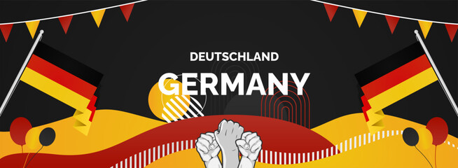 Happy Germany Unity Day or Deutschland. Modern abstract shape with raised hand and typography to celebrate national holidays in Germany flag colors. Suitable for poster, banners and greeting cards.