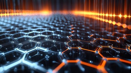 A black and orange background with a pattern of hexagons