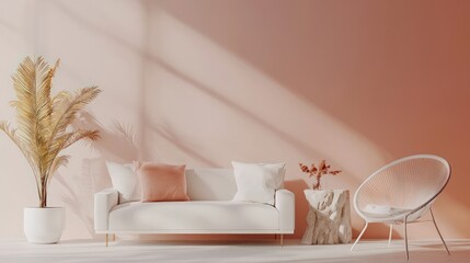 Wall Mural - Peach beige interior featuring a white sofa, lounge chair, and decor, presented as a  illustration mock-up