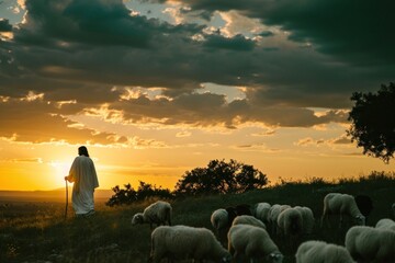 Wall Mural - Jesus sheep grassland livestock.