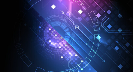 Aufkleber - Abstract technological illustration with neon lights on a dark blue gradient background. This vector was hand drawn.