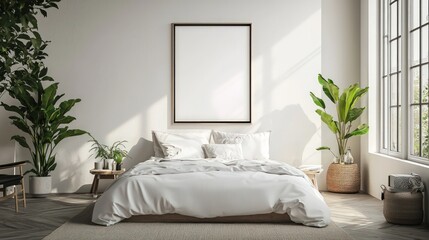 Wall Mural - Bedroom with Poster Mockup: A minimalist bedroom in Scandinavian design featuring a mock-up poster, rendered in  for a clean, modern look