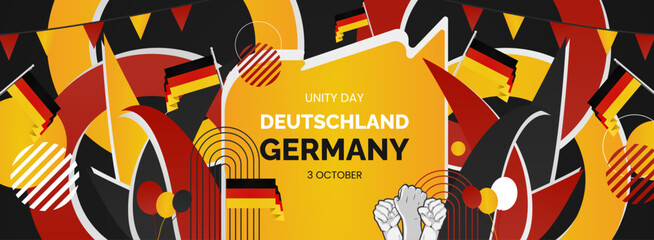 Happy Germany Unity Day or Deutschland. Modern abstract shape with raised hand and typography to celebrate national holidays in Germany flag colors. Suitable for poster, banners and greeting cards.