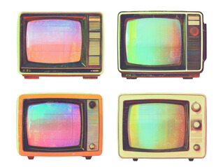 Vintage televisions with glitch effect and transparent background