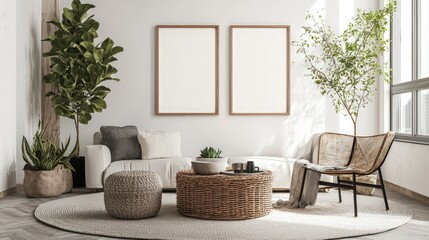 Wall Mural - Scandinavian Living Room with Poster Frames: A modern, light interior background in a living room 