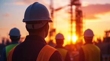 A group of construction workers are standing outside at sunset