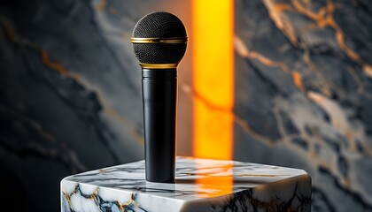 Elegant black and gold microphone on a marble pedestal radiating warm orange light