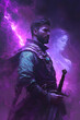 © mai - A strong looking mage in his thirties with a short beard, wielding a short sword glowing with dark purple energy