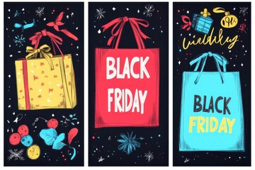 Colorful holiday shopping bags promoting Black Friday sales with festive decorations and designs