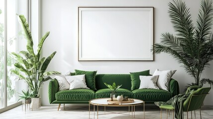 Wall Mural - Stylish interior with big white frame, green sofa,