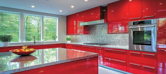 Wall Mural - Contemporary Red Kitchen With Stainless Steel Appliances, Geometric Backsplash, And Large Windows