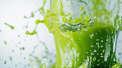 3. Close-up of a green smoothie splashing with vibrant liquid arcs, captured in motion on a clean white backdrop.