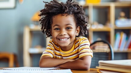 9. Enthusiastic child at a study desk, smiling widely while engaging with educational materials, a positive learning environment.