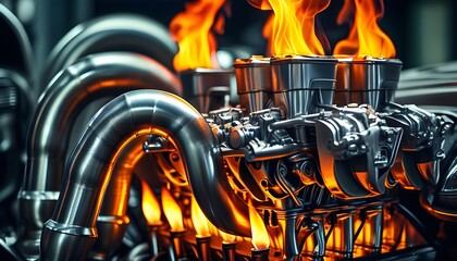 Fiery close-up of a complex metal car engine with flames erupting from the exhaust