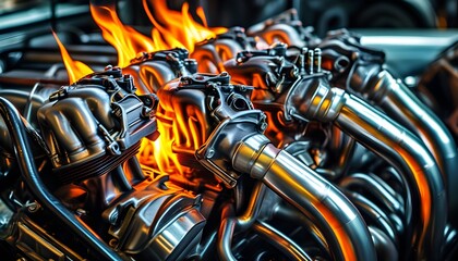 Wall Mural - Fiery close-up of a complex metal car engine with flames erupting from the exhaust