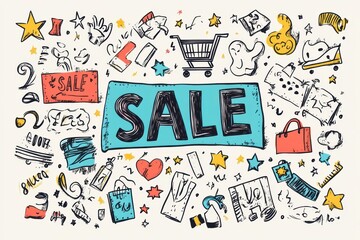 Colorful doodles and sketches showcasing a sale with shopping icons and festive elements