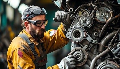 Focused mechanic diligently repairing car engine in a busy workshop