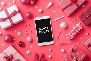 Festive holiday preparation with a smartphone displaying Black Friday among glittering decorations