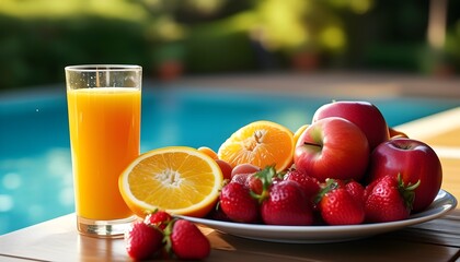 Refreshing fruit platter with apples, oranges, strawberries, and a glass of juice on a sunny poolside table