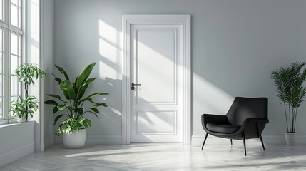 Wall Mural - White-gray bedroom with glass door, black armchair, and plants Modern, airy design