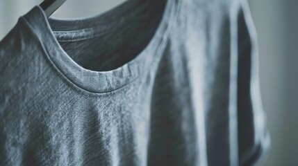 23. Close-up of a t-shirts neckline and tag area, hanging from a stylish hanger, with the fabric draped naturally