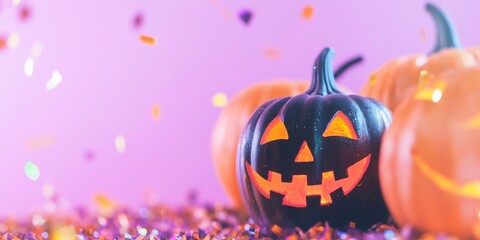 Halloween banner with copy space, glowing jack o lantern pumpkins, orange purple and gold confetti, purple background