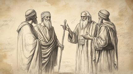 Biblical Illustration of Numbers: An Elder Teaching Young Levites About the Significance of the Staff, Captured on a Beige Background, Emphasizing Education and Tradition